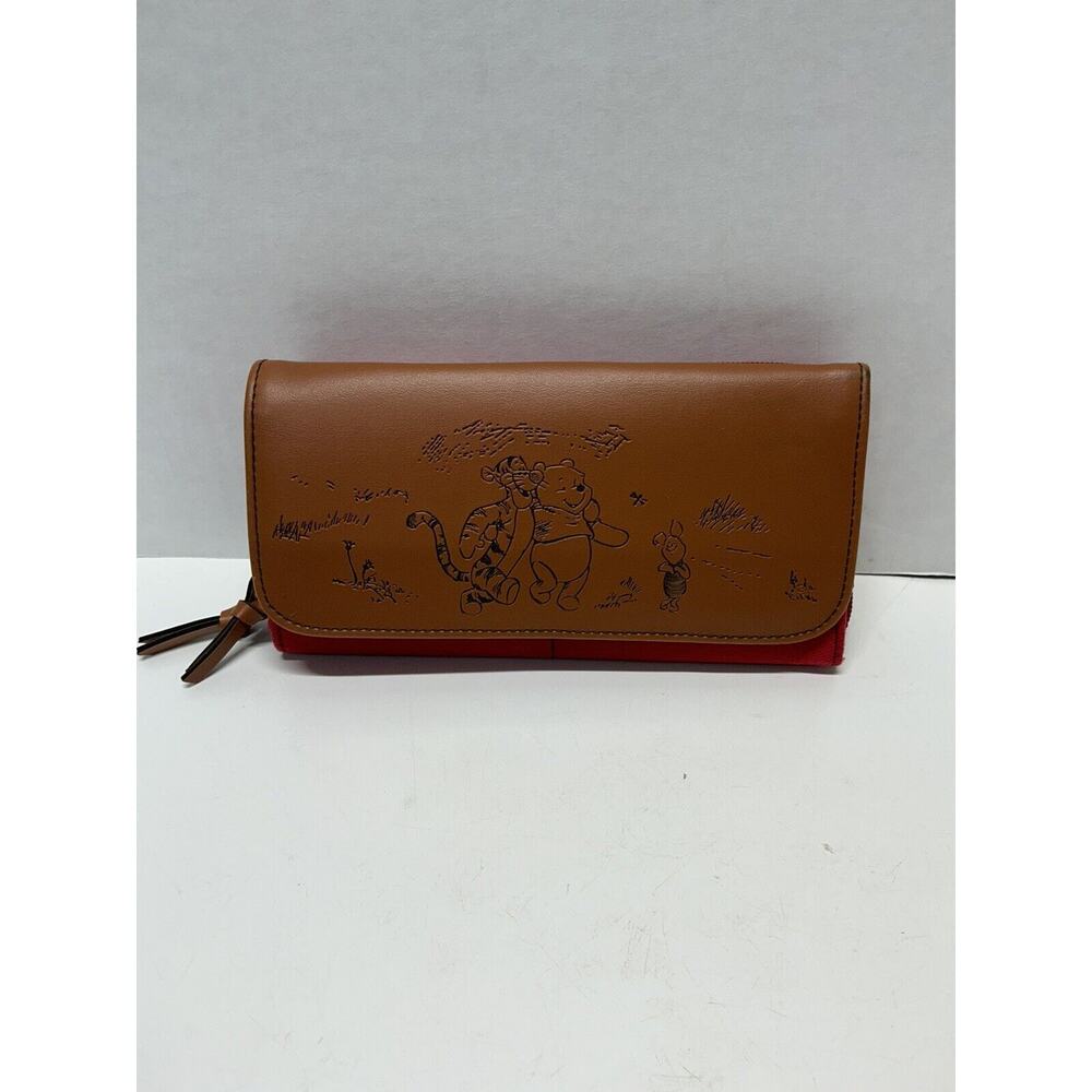 Winnie The‎ Pooh Red Cloth Clutch Wallet Red Brown Accordion Style EUC
